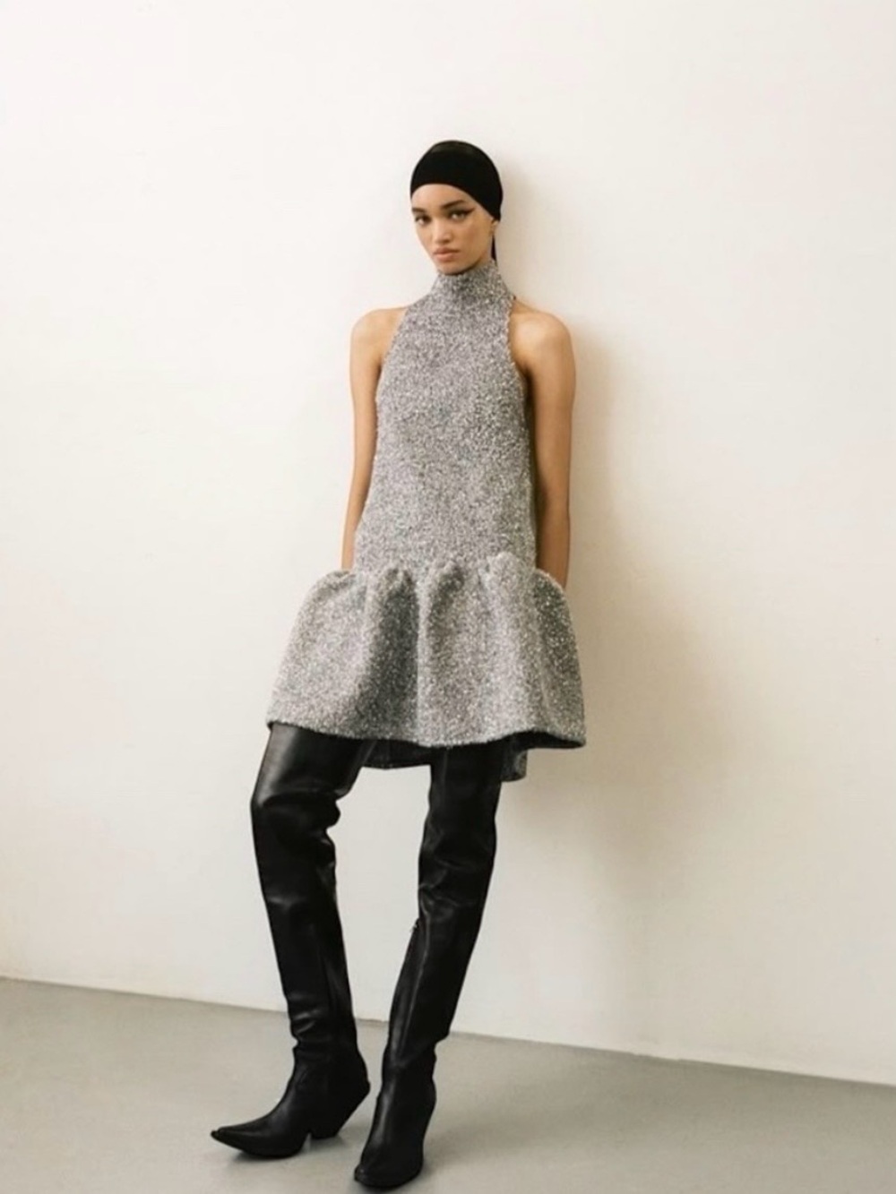 NWT Aknvas Tinsel Knit Silver Sculptural Bubble Dress High Neckline M - Picture 8 of 8